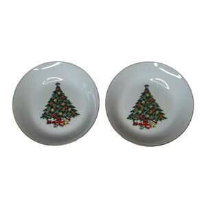 Set of 2 Vintage‎ Jamestown Christmas Tree Treasure 7-1/2” Soup Bowls Gold Trim
